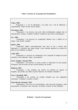 6 
Outros Conceitos de Negociação dos Doutrinadores 
Cohen, 1980; 
"Negociação é o uso da informação e do poder com o fim de influenciar o 
comportamento dentro de uma rede de tensão”. 
Nierenberg, 1981; 
"Negociação é um processo que pode afetar profundamente qualquer tipo de 
relacionamento humano e produzir benefícios duradouros para todos os participantes”. 
Ury, 1985; 
"Negociação é um processo de comunicação bilateral, com o objetivo de se 
chegar a uma decisão conjunta”. 
Sparks, 1992; 
"Negociação implica caracteristicamente uma troca de dar e receber entre 
negociador e o oponente, que tentam chegar a uma conclusão agradável ou aceitável no 
ajuste de um problema ou disputa”. 
Acuff, 1993; 
“Negociação é o processo de comunicação com o propósito de atingir um acordo 
sustentável sobre diferentes ideias e necessidades". 
Steele, Murphy e Russill, 1995; 
"Negociação é um processo no qual as partes se direcionam de suas posições 
divergentes para um ponto em que se possa alcançar um acordo”. 
Hodgson, 1996; 
"Negociação é uma atividade que envolve um elemento de negócio ou 
barganha, que permite que ambas as partes alcancem um resultado satisfatório”. 
Scare e Martinelli, 2001; 
"Negociação é um conceito em contínua formação que está amplamente 
relacionado a satisfação de ambos os lados". 
Paulo Ricardo Mariotini, 2010; 
"Negociação é uma troca de convencimentos, onde uma parte persuade a outra 
apresentando os benefícios mais relevantes em relação ao ponto de vista defendido”. 
Relatório – Conceito de Negociação 
 