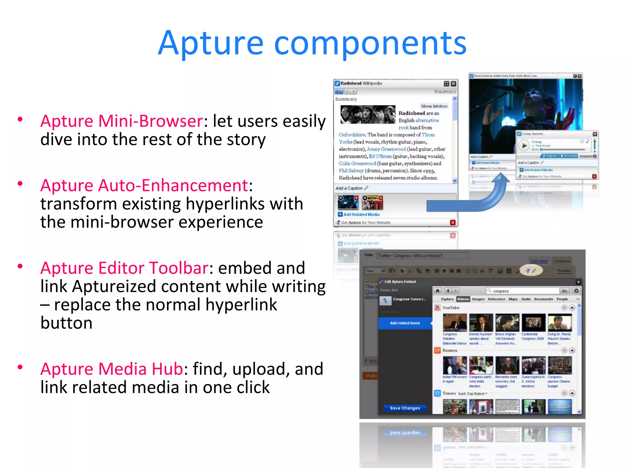 Apture components Apture Mini-Browser : let users easily dive into the rest of the story Apture Auto-Enhancement : transform existing hyperlinks with the mini-browser experience Apture Editor Toolbar : embed and link Aptureized content while writing – replace the normal hyperlink button Apture Media Hub : find, upload, and link related media in one click 