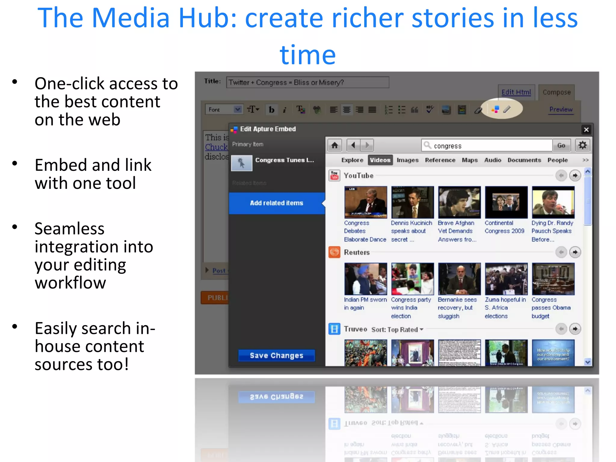 The Media Hub: create richer stories in less time One-click access to the best content on the web Embed and link with one tool Seamless integration into your editing workflow Easily search in-house content sources too! 