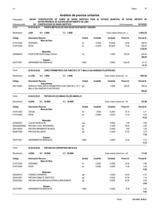 Página :
S10 11
2601001
Presupuesto "CONSTRUCCIÓN DE CAMPO DE GRASS SINTÉTICO PARA EL ESTADIO MUNICIPAL DE SAYÁN, DISTRITO DE
SAYÁN-PROVINCIA DE HUAURA-DEPARTAMENTO DE LIMA"
Análisis de precios unitarios
Fecha presupuesto 18/10/2022
001
Subpresupuesto CONSTRUCCIÓN DE GRASS SINTÉTICO
Partida 03.05.03.04.01 PUERTA METALICA DE DOS HOJOS PIVOTANTES Y SEGURO
u/DIA 1.0000
Rendimiento Costo unitario directo por : u 1,483.52
1.0000
EQ.
MO.
Unidad Cuadrilla Cantidad Precio S/.
Código Descripción Recurso Parcial S/.
Mano de Obra
hh
0147010002 2.0000 16.0000 392.00
24.50
OPERARIO
hh
0147010004 6.0000 48.0000 830.40
17.30
PEON
1,222.40
Materiales
m2
0256990022 1.0000 200.00
200.00
PUERTA METALICA (Segun Diseño)
200.00
Equipos
%MO
0337010001 5.0000 61.12
1,222.40
HERRAMIENTAS MANUALES
61.12
Partida 03.05.03.04.02 CERCO PERIMETRICO CON TUBO DE 2 1/2" Y MALLA GALVANIZADA PLASTIFICADA
m.l./DIA 1.0000
Rendimiento Costo unitario directo por : m.l. 500.00
1.0000
EQ.
MO.
Unidad Cuadrilla Cantidad Precio S/.
Código Descripción Recurso Parcial S/.
Subcontratos
glb
0401130007 1.0000 500.00
500.00
SERVICIO PARA CERCO PERIMETRICO CON TUBO DE 2 1/2" Y
MALLA GALVANIZADA PLASTIFICADA
500.00
Partida 03.05.03.05.01 PINTURA EN COLUMNAS COLOR AMARILLO
m2/DIA 30.0000
Rendimiento Costo unitario directo por : m2 22.58
30.0000
EQ.
MO.
Unidad Cuadrilla Cantidad Precio S/.
Código Descripción Recurso Parcial S/.
Mano de Obra
hh
0147010003 1.0000 0.2667 5.11
19.15
OFICIAL
hh
0147010004 2.0000 0.5333 9.23
17.30
PEON
14.34
Materiales
pza
0239020027 0.2000 0.60
3.00
LIJA DE FIERRO # 80
gal
02540300000002 0.1000 2.60
26.00
PINTURA LATEX INTERIORES
kg
0254140005 0.4500 1.62
3.60
PINTURA IMPRIMANTE BLANCA
gal
0254610050 0.1000 2.70
27.00
PINTURA SELLADOR
7.52
Equipos
%MO
0337010001 5.0000 0.72
14.34
HERRAMIENTAS MANUALES
0.72
Partida 03.05.03.05.02 PINTURA EN CARPENTERIA METALICA
m2/DIA 20.0000
Rendimiento Costo unitario directo por : m2 11.42
20.0000
EQ.
MO.
Unidad Cuadrilla Cantidad Precio S/.
Código Descripción Recurso Parcial S/.
Mano de Obra
hh
0147010002 0.5000 0.2000 4.90
24.50
OPERARIO
hh
0147010004 0.5000 0.2000 3.46
17.30
PEON
8.36
Materiales
gal
0229200010 0.0200 0.70
35.00
THINNER CORRIENTE
gal
0254010001 0.0200 1.14
57.00
PINTURA ESMALTE SINTETICO
gal
0254220023 0.0200 0.80
40.00
PINTURA ANTICORROSIVA EPOXICA ZINCROMATO
2.64
Equipos
%MO
0337010001 5.0000 0.42
8.36
HERRAMIENTAS MANUALES
0.42
30/11/2022 04:08:57
Fecha :
 
