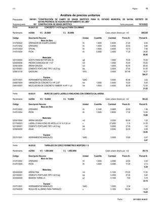 Página :
S10 15
2601001
Presupuesto "CONSTRUCCIÓN DE CAMPO DE GRASS SINTÉTICO PARA EL ESTADIO MUNICIPAL DE SAYÁN, DISTRITO DE
SAYÁN-PROVINCIA DE HUAURA-DEPARTAMENTO DE LIMA"
Análisis de precios unitarios
Fecha presupuesto 18/10/2022
001
Subpresupuesto CONSTRUCCIÓN DE GRASS SINTÉTICO
Partida 04.04.01.03 CONCRETO f 'c=210 kg/cm2 PARA COLUMNAS
m3/DIA 20.0000
Rendimiento Costo unitario directo por : m3 385.85
20.0000
EQ.
MO.
Unidad Cuadrilla Cantidad Precio S/.
Código Descripción Recurso Parcial S/.
Mano de Obra
hh
0147000022 1.0000 0.4000 8.40
21.00
OPERADOR DE EQUIPO LIVIANO
hh
0147010002 1.0000 0.4000 9.80
24.50
OPERARIO
hh
0147010003 1.0000 0.4000 7.66
19.15
OFICIAL
hh
0147010004 5.0000 2.0000 34.60
17.30
PEON
60.46
Materiales
gal
0201030004 1.0000 75.00
75.00
ACEITE PARA MOTOR SAE-30
m3
0205000006 1.0000 70.00
70.00
PIEDRA CHANCADA DE 1 1/2"
m3
0205010004 1.0000 60.00
60.00
ARENA GRUESA
bls
0221000001 3.0000 81.00
27.00
CEMENTO PORTLAND TIPO I (42.5 kg)
%PU
0298010134 5.0000 18.37
367.48
GASOLINA
304.37
Equipos
%MO
0337010001 5.0000 3.02
60.46
HERRAMIENTAS MANUALES
hm
0349070004 1.0000 0.4000 6.00
15.00
VIBRADOR DE CONCRETO 4 HP 2.40"
hm
0349100007 1.0000 0.4000 12.00
30.00
MEZCLADORA DE CONCRETO TAMBOR 18 HP 11 p3
21.02
Partida 04.05.01 MURO DE CANTO LADRILLO KING-KONG CON CEMENTO-CAL-ARENA
m2/DIA 10.0000
Rendimiento Costo unitario directo por : m2 50.22
10.0000
EQ.
MO.
Unidad Cuadrilla Cantidad Precio S/.
Código Descripción Recurso Parcial S/.
Mano de Obra
hh
0147010002 0.1000 0.0800 1.96
24.50
OPERARIO
hh
0147010004 1.0000 0.8000 13.84
17.30
PEON
15.80
Materiales
m3
0205010004 0.0200 1.20
60.00
ARENA GRUESA
u
0217000023 27.0000 31.05
1.15
LADRILLO KING KONG DE ARCILLA 9 X 14 X 24 cm
bls
0221000001 0.0600 1.62
27.00
CEMENTO PORTLAND TIPO I (42.5 kg)
m3
0239050000 0.0040 0.08
20.00
AGUA
33.95
Equipos
%MO
0337010001 3.0000 0.47
15.80
HERRAMIENTAS MANUALES
0.47
Partida 04.05.02 TARRAJEO EN CERCO PERIMETRICO MORTERO 1:5
m2/DIA 1,000.0000
Rendimiento Costo unitario directo por : m2 38.74
1,000.0000
EQ.
MO.
Unidad Cuadrilla Cantidad Precio S/.
Código Descripción Recurso Parcial S/.
Mano de Obra
hh
0147010002 1.0000 0.0080 0.20
24.50
OPERARIO
hh
0147010004 1.0000 0.0080 0.14
17.30
PEON
0.34
Materiales
m3
0204000000 0.1000 17.00
170.00
ARENA FINA
bls
0221000001 0.2000 5.40
27.00
CEMENTO PORTLAND TIPO I (42.5 kg)
p2
0243040000 0.1000 0.75
7.50
MADERA TORNILLO
23.15
Equipos
%MO
0337010001 1.0000 0.34
HERRAMIENTAS MANUALES
u
0337040035 0.1000 15.25
152.54
REGLA DE ALUMINIO PARA TARRAJEO
15.25
30/11/2022 04:08:57
Fecha :
 