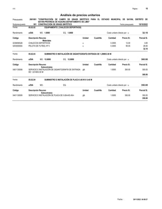 Página :
S10 18
2601001
Presupuesto "CONSTRUCCIÓN DE CAMPO DE GRASS SINTÉTICO PARA EL ESTADIO MUNICIPAL DE SAYÁN, DISTRITO DE
SAYÁN-PROVINCIA DE HUAURA-DEPARTAMENTO DE LIMA"
Análisis de precios unitarios
Fecha presupuesto 18/10/2022
001
Subpresupuesto CONSTRUCCIÓN DE GRASS SINTÉTICO
Partida 05.02.02 EQUIPAMENTO ( CHALECOS DEPORTIVOS)
u/DIA 1.0000
Rendimiento Costo unitario directo por : u 32.10
1.0000
EQ.
MO.
Unidad Cuadrilla Cantidad Precio S/.
Código Descripción Recurso Parcial S/.
Materiales
u
0239090528 0.3000 3.60
12.00
CHALECOS DEPORTIVOS
u
0253000004 0.3000 28.50
95.00
PELOTA DE FUTBOL Nº 5
32.10
Partida 05.02.03 SUMINISTRO E INSTALACIÓN DE GIGANTOGRAFÍA ENTRADA DE 1.20MX3.50 M
u/DIA 12.0000
Rendimiento Costo unitario directo por : u 300.00
12.0000
EQ.
MO.
Unidad Cuadrilla Cantidad Precio S/.
Código Descripción Recurso Parcial S/.
Subcontratos
glb
0401130008 1.0000 300.00
300.00
SERVICIO E INSTALACIÓN DE GIGANTOGRAFÍA DE ENTRADA
DE 1.20 MX3.50 M
300.00
Partida 05.02.04 SUMINISTRO E INSTALACIÓN DE PLACA 0.60 M X 0.40 M
u/DIA
Rendimiento Costo unitario directo por : u 350.00
EQ.
MO.
Unidad Cuadrilla Cantidad Precio S/.
Código Descripción Recurso Parcial S/.
Subcontratos
glb
0401130009 1.0000 350.00
350.00
SERVICIO E INSTALACIÓN DE PLACA DE 0.60mX0.40m
350.00
30/11/2022 04:08:57
Fecha :
 