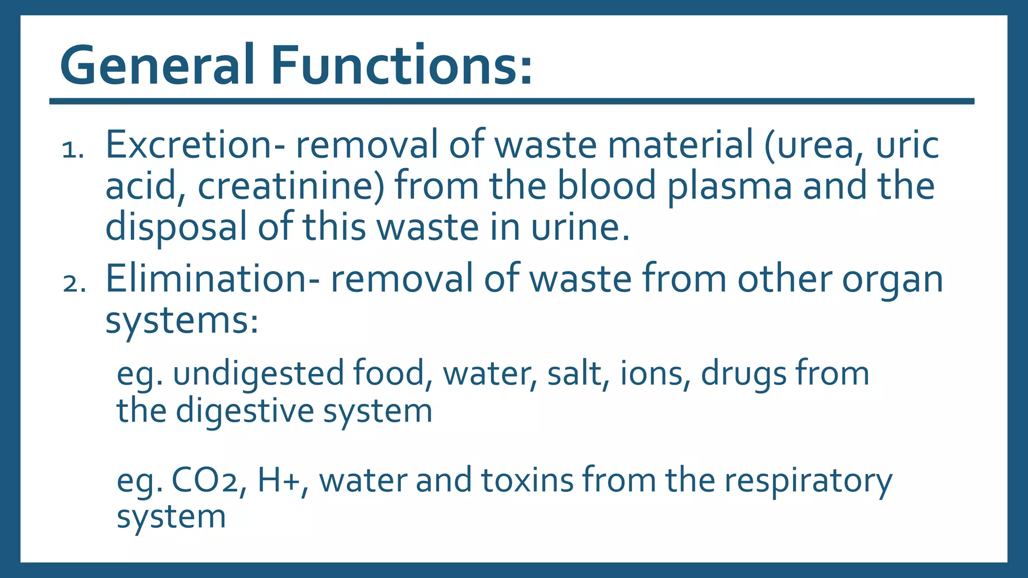 General Functions:
1. Excretion- removal of waste material (urea, uric
acid, creatinine) from the blood plasma and the
disposal of this waste in urine.
2. Elimination- removal of waste from other organ
systems:
eg. undigested food, water, salt, ions, drugs from
the digestive system
eg. CO2, H+, water and toxins from the respiratory
system
 