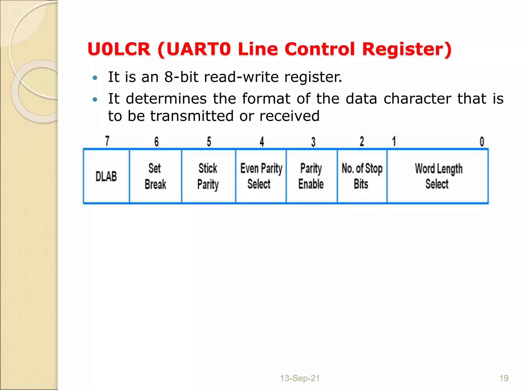 U0LCR (UART0 Line Control Register)
 It is an 8-bit read-write register.
 It determines the format of the data character that is
to be transmitted or received
13-Sep-21 19
 