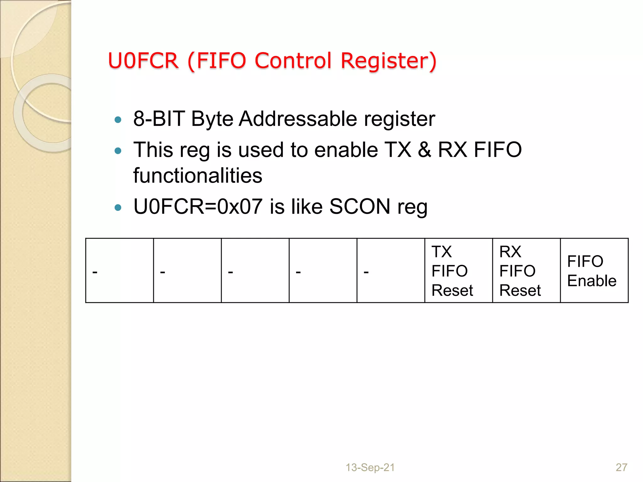 U0FCR (FIFO Control Register)
 8-BIT Byte Addressable register
 This reg is used to enable TX & RX FIFO
functionalities
 U0FCR=0x07 is like SCON reg
13-Sep-21 27
- - - - -
TX
FIFO
Reset
RX
FIFO
Reset
FIFO
Enable
 