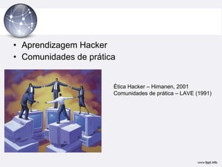 Aprendizagem Hacker Comunidades de prática Ética Hacker – Himanen, 2001 Comunidades de prática – LAVE (1991) 