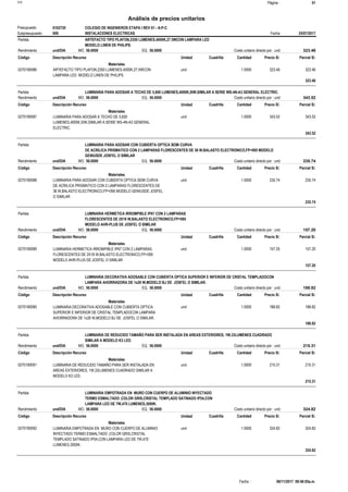 Página :S10 51
0102720Presupuesto COLEGIO DE INGENIEROS ETAPA I REV 01 - A-P-C
Análisis de precios unitarios
Fecha 25/07/2017009Subpresupuesto INSTALACIONES ELECTRICAS
Partida ARTEFACTO TIPO PLAFON,2350 LUMENES,4000K,27.5WCON LAMPARA LED
MODELO LINEN DE PHILIPS.
und/DIA 56.0000Rendimiento Costo unitario directo por : und 323.4656.0000EQ.MO.
Unidad Cuadrilla Cantidad Precio S/.Código Descripción Recurso Parcial S/.
Materiales
und0270190086 1.0000 323.46323.46ARTEFACTO TIPO PLAFON,2350 LUMENES,4000K,27.5WCON
LAMPARA LED MODELO LINEN DE PHILIPS.
323.46
Partida LUMINARIA PARA ADOSAR A TECHO DE 5,600 LUMENES,4000K,SIW,SIMILAR A SERIE WS-4N-A3 GENERAL ELECTRIC.
und/DIA 56.0000Rendimiento Costo unitario directo por : und 343.5256.0000EQ.MO.
Unidad Cuadrilla Cantidad Precio S/.Código Descripción Recurso Parcial S/.
Materiales
und0270190087 1.0000 343.52343.52LUMINARIA PARA ADOSAR A TECHO DE 5,600
LUMENES,4000K,SIW,SIMILAR A SERIE WS-4N-A3 GENERAL
ELECTRIC.
343.52
Partida LUMINARIA PARA ADOSAR CON CUBIERTA OPTICA SEMI CURVA
DE ACRILICA PRISMATICO CON 2 LAMPARAS FLORESCENTES DE 36 W,BALASTO ELECTRONICO,FP=095 MODELO
GENIUSDE JOSFEL O SIMILAR
und/DIA 56.0000Rendimiento Costo unitario directo por : und 235.7456.0000EQ.MO.
Unidad Cuadrilla Cantidad Precio S/.Código Descripción Recurso Parcial S/.
Materiales
und0270190088 1.0000 235.74235.74LUMINARIA PARA ADOSAR CON CUBIERTA OPTICA SEMI CURVA
DE ACRILICA PRISMATICO CON 2 LAMPARAS FLORESCENTES DE
36 W,BALASTO ELECTRONICO,FP=095 MODELO GENIUSDE JOSFEL
O SIMILAR
235.74
Partida LUMINARIA HERMETICA IRROMPIBLE IP67 CON 2 LAMPARAS
FLORESCENTES DE 2X18 W,BALASTO ELECTRONICO,FP=095
MODELO AHR-PLUS DE JOSFEL O SIMILAR
und/DIA 56.0000Rendimiento Costo unitario directo por : und 157.2056.0000EQ.MO.
Unidad Cuadrilla Cantidad Precio S/.Código Descripción Recurso Parcial S/.
Materiales
und0270190089 1.0000 157.20157.20LUMINARIA HERMETICA IRROMPIBLE IP67 CON 2 LAMPARAS
FLORESCENTES DE 2X18 W,BALASTO ELECTRONICO,FP=095
MODELO AHR-PLUS DE JOSFEL O SIMILAR
157.20
Partida LUMINARIA DECORATIVA ADOSABLE CON CUBIERTA OPTICA SUPERIOR E INFERIOR DE CRISTAL TEMPLADOCON
LAMPARA AHORRADORA DE 1x26 W,MODELO BJ DE JOSFEL O SIMILAR.
und/DIA 56.0000Rendimiento Costo unitario directo por : und 188.8256.0000EQ.MO.
Unidad Cuadrilla Cantidad Precio S/.Código Descripción Recurso Parcial S/.
Materiales
und0270190090 1.0000 188.82188.82LUMINARIA DECORATIVA ADOSABLE CON CUBIERTA OPTICA
SUPERIOR E INFERIOR DE CRISTAL TEMPLADOCON LAMPARA
AHORRADORA DE 1x26 W,MODELO BJ DE JOSFEL O SIMILAR.
188.82
Partida LUMINARIA DE REDUCIDO TAMAÑO PARA SER INSTALADA EN AREAS EXTERIORES, 1W,33LUMENES CUADRADO
SIMILAR A MODELO K3 LED.
und/DIA 56.0000Rendimiento Costo unitario directo por : und 215.3156.0000EQ.MO.
Unidad Cuadrilla Cantidad Precio S/.Código Descripción Recurso Parcial S/.
Materiales
und0270190091 1.0000 215.31215.31LUMINARIA DE REDUCIDO TAMAÑO PARA SER INSTALADA EN
AREAS EXTERIORES, 1W,33LUMENES CUADRADO SIMILAR A
MODELO K3 LED.
215.31
Partida LUMINARIA EMPOTRADA EN MURO CON CUERPO DE ALUMINIO INYECTADO
TERMO ESMALTADO ,COLOR GRIS,CRISTAL TEMPLADO SATINADO IP54,CON
LAMPARA LED DE 7W,470 LUMENES,3000K.
und/DIA 56.0000Rendimiento Costo unitario directo por : und 324.8256.0000EQ.MO.
Unidad Cuadrilla Cantidad Precio S/.Código Descripción Recurso Parcial S/.
Materiales
und0270190092 1.0000 324.82324.82LUMINARIA EMPOTRADA EN MURO CON CUERPO DE ALUMINIO
INYECTADO TERMO ESMALTADO ,COLOR GRIS,CRISTAL
TEMPLADO SATINADO IP54,CON LAMPARA LED DE 7W,470
LUMENES,3000K.
324.82
06/11/2017 09:46:05a.m.Fecha :
 