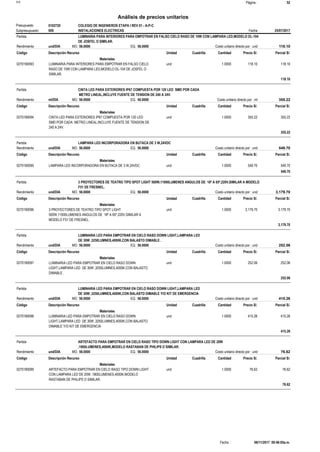 Página :S10 52
0102720Presupuesto COLEGIO DE INGENIEROS ETAPA I REV 01 - A-P-C
Análisis de precios unitarios
Fecha 25/07/2017009Subpresupuesto INSTALACIONES ELECTRICAS
Partida LUMINARIA PARA INTERIORES PARA EMPOTRAR EN FALSO CIELO RASO DE 10W CON LAMPARA LED,MODELO DL-104
DE JOSFEL O SIMILAR.
und/DIA 56.0000Rendimiento Costo unitario directo por : und 118.1056.0000EQ.MO.
Unidad Cuadrilla Cantidad Precio S/.Código Descripción Recurso Parcial S/.
Materiales
und0270190093 1.0000 118.10118.10LUMINARIA PARA INTERIORES PARA EMPOTRAR EN FALSO CIELO
RASO DE 10W CON LAMPARA LED,MODELO DL-104 DE JOSFEL O
SIMILAR.
118.10
Partida CINTA LED PARA EXTERIORES IP67 COMPUESTA POR 120 LED SMD POR CADA
METRO LINEAL,INCLUYE FUENTE DE TENSION DE 240 A 24V.
ml/DIA 56.0000Rendimiento Costo unitario directo por : ml 355.2256.0000EQ.MO.
Unidad Cuadrilla Cantidad Precio S/.Código Descripción Recurso Parcial S/.
Materiales
und0270190094 1.0000 355.22355.22CINTA LED PARA EXTERIORES IP67 COMPUESTA POR 120 LED
SMD POR CADA METRO LINEAL,INCLUYE FUENTE DE TENSION DE
240 A 24V.
355.22
Partida LAMPARA LED INCORPORADORA EN BUTACA DE 3 W,24VDC
und/DIA 56.0000Rendimiento Costo unitario directo por : und 549.7056.0000EQ.MO.
Unidad Cuadrilla Cantidad Precio S/.Código Descripción Recurso Parcial S/.
Materiales
und0270190095 1.0000 549.70549.70LAMPARA LED INCORPORADORA EN BUTACA DE 3 W,24VDC
549.70
Partida 3 PROYECTORES DE TEATRO TIPO SPOT LIGHT 500W,11000LUMENES ANGULOS DE 18º A 65º,220V,SIMILAR A MODELO
F51 DE FRESNEL.
und/DIA 56.0000Rendimiento Costo unitario directo por : und 3,179.7056.0000EQ.MO.
Unidad Cuadrilla Cantidad Precio S/.Código Descripción Recurso Parcial S/.
Materiales
und0270190096 1.0000 3,179.703,179.703 PROYECTORES DE TEATRO TIPO SPOT LIGHT
500W,11000LUMENES ANGULOS DE 18º A 65º,220V,SIMILAR A
MODELO F51 DE FRESNEL.
3,179.70
Partida LUMINARIA LED PARA EMPOTRAR EN CIELO RASO DOWN LIGHT,LAMPARA LED
DE 30W ,3250LUMNES,4000K,CON BALASTO DIMABLE .
und/DIA 56.0000Rendimiento Costo unitario directo por : und 252.0656.0000EQ.MO.
Unidad Cuadrilla Cantidad Precio S/.Código Descripción Recurso Parcial S/.
Materiales
und0270190097 1.0000 252.06252.06LUMINARIA LED PARA EMPOTRAR EN CIELO RASO DOWN
LIGHT,LAMPARA LED DE 30W ,3250LUMNES,4000K,CON BALASTO
DIMABLE .
252.06
Partida LUMINARIA LED PARA EMPOTRAR EN CIELO RASO DOWN LIGHT,LAMPARA LED
DE 30W ,3250LUMNES,4000K,CON BALASTO DIMABLE Y/O KIT DE EMERGENCIA
und/DIA 56.0000Rendimiento Costo unitario directo por : und 415.2656.0000EQ.MO.
Unidad Cuadrilla Cantidad Precio S/.Código Descripción Recurso Parcial S/.
Materiales
und0270190098 1.0000 415.26415.26LUMINARIA LED PARA EMPOTRAR EN CIELO RASO DOWN
LIGHT,LAMPARA LED DE 30W ,3250LUMNES,4000K,CON BALASTO
DIMABLE Y/O KIT DE EMERGENCIA
415.26
Partida ARTEFACTO PARA EMPOTRAR EN CIELO RASO TIPO DOWN LIGHT CON LAMPARA LED DE 20W
,1800LUMENES,4000K,MODELO RASTABAN DE PHILIPS O SIMILAR.
und/DIA 56.0000Rendimiento Costo unitario directo por : und 76.6256.0000EQ.MO.
Unidad Cuadrilla Cantidad Precio S/.Código Descripción Recurso Parcial S/.
Materiales
und0270190099 1.0000 76.6276.62ARTEFACTO PARA EMPOTRAR EN CIELO RASO TIPO DOWN LIGHT
CON LAMPARA LED DE 20W ,1800LUMENES,4000K,MODELO
RASTABAN DE PHILIPS O SIMILAR.
76.62
06/11/2017 09:46:05a.m.Fecha :
 