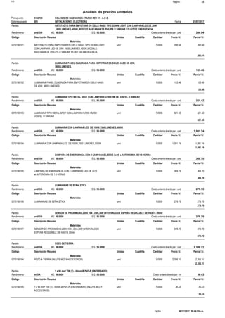 Página :S10 53
0102720Presupuesto COLEGIO DE INGENIEROS ETAPA I REV 01 - A-P-C
Análisis de precios unitarios
Fecha 25/07/2017009Subpresupuesto INSTALACIONES ELECTRICAS
Partida ARTEFACTO PARA EMPOTRAR EN CIELO RASO TIPO DOWN LIGHT CON LAMPARA LED DE 20W
,1800LUMENES,4000K,MODELO RASTABAN DE PHILIPS O SIMILAR Y/O KIT DE EMERGENCIA.
und/DIA 56.0000Rendimiento Costo unitario directo por : und 398.9456.0000EQ.MO.
Unidad Cuadrilla Cantidad Precio S/.Código Descripción Recurso Parcial S/.
Materiales
und0270190101 1.0000 398.94398.94ARTEFACTO PARA EMPOTRAR EN CIELO RASO TIPO DOWN LIGHT
CON LAMPARA LED DE 20W ,1800LUMENES,4000K,MODELO
RASTABAN DE PHILIPS O SIMILAR Y/O KIT DE EMERGENCIA.
398.94
Partida LUMINARIA PANEL CUADRADA PARA EMPOTRAR EN CIELO RASO DE 40W,
3800 LUMENES.
und/DIA 56.0000Rendimiento Costo unitario directo por : und 153.4656.0000EQ.MO.
Unidad Cuadrilla Cantidad Precio S/.Código Descripción Recurso Parcial S/.
Materiales
und0270190102 1.0000 153.46153.46LUMINARIA PANEL CUADRADA PARA EMPOTRAR EN CIELO RASO
DE 40W, 3800 LUMENES.
153.46
Partida LUMINARIA TIPO METAL SPOT CON LAMPARA1x70W-HM DE JOSFEL O SIMILAR
und/DIA 56.0000Rendimiento Costo unitario directo por : und 321.4256.0000EQ.MO.
Unidad Cuadrilla Cantidad Precio S/.Código Descripción Recurso Parcial S/.
Materiales
und0270190103 1.0000 321.42321.42LUMINARIA TIPO METAL SPOT CON LAMPARA1x70W-HM DE
JOSFEL O SIMILAR
321.42
Partida LUMINARIA CON LAMPARA LED DE 100W,7500 LUMENES,5000K
und/DIA 56.0000Rendimiento Costo unitario directo por : und 1,081.7456.0000EQ.MO.
Unidad Cuadrilla Cantidad Precio S/.Código Descripción Recurso Parcial S/.
Materiales
und0270190104 1.0000 1,081.741,081.74LUMINARIA CON LAMPARA LED DE 100W,7500 LUMENES,5000K
1,081.74
Partida LAMPARA DE EMERGENCIA CON 2 LAMPARAS LED DE 2x18 w.AUTONOMIA DE 1.5 HORAS
und/DIA 56.0000Rendimiento Costo unitario directo por : und 369.7056.0000EQ.MO.
Unidad Cuadrilla Cantidad Precio S/.Código Descripción Recurso Parcial S/.
Materiales
und0270190105 1.0000 369.70369.70LAMPARA DE EMERGENCIA CON 2 LAMPARAS LED DE 2x18
w.AUTONOMIA DE 1.5 HORAS
369.70
Partida LUMINARIAS DE SEÑALETICA
und/DIA 56.0000Rendimiento Costo unitario directo por : und 279.7056.0000EQ.MO.
Unidad Cuadrilla Cantidad Precio S/.Código Descripción Recurso Parcial S/.
Materiales
und0270190106 1.0000 279.70279.70LUMINARIAS DE SEÑALETICA
279.70
Partida SENSOR DE PROXIMIDAD,220V,10A , 25m,360º,INTERVALO DE ESPERA REGULABLE DE HASTA 30min
und/DIA 56.0000Rendimiento Costo unitario directo por : und 379.7056.0000EQ.MO.
Unidad Cuadrilla Cantidad Precio S/.Código Descripción Recurso Parcial S/.
Materiales
und0270190107 1.0000 379.70379.70SENSOR DE PROXIMIDAD,220V,10A , 25m,360º,INTERVALO DE
ESPERA REGULABLE DE HASTA 30min
379.70
Partida POZO DE TIERRA
und/DIA 56.0000Rendimiento Costo unitario directo por : und 2,358.3156.0000EQ.MO.
Unidad Cuadrilla Cantidad Precio S/.Código Descripción Recurso Parcial S/.
Materiales
und0270190184 1.0000 2,358.312,358.31POZO A TIERRA (INLUYE M.O Y ACCESORIOS)
2,358.31
Partida 1 x 95 mm² TW (T) - 50mm Ø PVC-P (ENTERRADO)
m/DIA 56.0000Rendimiento Costo unitario directo por : m 36.4356.0000EQ.MO.
Unidad Cuadrilla Cantidad Precio S/.Código Descripción Recurso Parcial S/.
Materiales
und0270190185 1.0000 36.4336.431 x 95 mm² TW (T) - 50mm Ø PVC-P (ENTERRADO) (INLUYE M.O Y
ACCESORIOS)
36.43
06/11/2017 09:46:05a.m.Fecha :
 