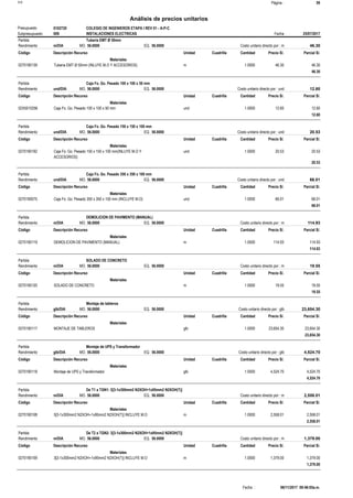 Página :S10 59
0102720Presupuesto COLEGIO DE INGENIEROS ETAPA I REV 01 - A-P-C
Análisis de precios unitarios
Fecha 25/07/2017009Subpresupuesto INSTALACIONES ELECTRICAS
Partida Tuberia EMT Ø 50mm
m/DIA 56.0000Rendimiento Costo unitario directo por : m 46.3056.0000EQ.MO.
Unidad Cuadrilla Cantidad Precio S/.Código Descripción Recurso Parcial S/.
Materiales
m0270190139 1.0000 46.3046.30Tuberia EMT Ø 50mm (INLUYE M.O Y ACCESORIOS)
46.30
Partida Caja Fo. Go. Pesado 100 x 100 x 50 mm
und/DIA 56.0000Rendimiento Costo unitario directo por : und 12.6056.0000EQ.MO.
Unidad Cuadrilla Cantidad Precio S/.Código Descripción Recurso Parcial S/.
Materiales
und02X5010256 1.0000 12.6012.60Caja Fo. Go. Pesado 100 x 100 x 50 mm
12.60
Partida Caja Fo. Go. Pesado 150 x 150 x 100 mm
und/DIA 56.0000Rendimiento Costo unitario directo por : und 20.5356.0000EQ.MO.
Unidad Cuadrilla Cantidad Precio S/.Código Descripción Recurso Parcial S/.
Materiales
und0270190192 1.0000 20.5320.53Caja Fo. Go. Pesado 150 x 150 x 100 mm(INLUYE M.O Y
ACCESORIOS)
20.53
Partida Caja Fo. Go. Pesado 350 x 350 x 100 mm
und/DIA 56.0000Rendimiento Costo unitario directo por : und 66.0156.0000EQ.MO.
Unidad Cuadrilla Cantidad Precio S/.Código Descripción Recurso Parcial S/.
Materiales
und0270190075 1.0000 66.0166.01Caja Fo. Go. Pesado 350 x 350 x 150 mm (INCLUYE M.O)
66.01
Partida DEMOLICION DE PAVIMENTO (MANUAL)
m/DIA 56.0000Rendimiento Costo unitario directo por : m 114.9356.0000EQ.MO.
Unidad Cuadrilla Cantidad Precio S/.Código Descripción Recurso Parcial S/.
Materiales
m0270190119 1.0000 114.93114.93DEMOLICION DE PAVIMENTO (MANUAL)
114.93
Partida SOLADO DE CONCRETO
m/DIA 56.0000Rendimiento Costo unitario directo por : m 19.5556.0000EQ.MO.
Unidad Cuadrilla Cantidad Precio S/.Código Descripción Recurso Parcial S/.
Materiales
m0270190120 1.0000 19.5519.55SOLADO DE CONCRETO
19.55
Partida Montaje de tableros
glb/DIA 56.0000Rendimiento Costo unitario directo por : glb 23,654.3056.0000EQ.MO.
Unidad Cuadrilla Cantidad Precio S/.Código Descripción Recurso Parcial S/.
Materiales
glb0270190117 1.0000 23,654.3023,654.30MONTAJE DE TABLEROS
23,654.30
Partida Montaje de UPS y Transformador
glb/DIA 56.0000Rendimiento Costo unitario directo por : glb 4,524.7056.0000EQ.MO.
Unidad Cuadrilla Cantidad Precio S/.Código Descripción Recurso Parcial S/.
Materiales
glb0270190118 1.0000 4,524.704,524.70Montaje de UPS y Transformador
4,524.70
Partida De T1 a TGN1: 5[3-1x300mm2 N2XOH+1x95mm2 N2XOH(T)]
m/DIA 56.0000Rendimiento Costo unitario directo por : m 2,558.0156.0000EQ.MO.
Unidad Cuadrilla Cantidad Precio S/.Código Descripción Recurso Parcial S/.
Materiales
m0270190108 1.0000 2,558.012,558.015[3-1x300mm2 N2XOH+1x95mm2 N2XOH(T)] INCLUYE M.O
2,558.01
Partida De T2 a TGN2: 3[3-1x300mm2 N2XOH+1x95mm2 N2XOH(T)]
m/DIA 56.0000Rendimiento Costo unitario directo por : m 1,379.0056.0000EQ.MO.
Unidad Cuadrilla Cantidad Precio S/.Código Descripción Recurso Parcial S/.
Materiales
m0270190109 1.0000 1,379.001,379.003[3-1x300mm2 N2XOH+1x95mm2 N2XOH(T)] INCLUYE M.O
1,379.00
06/11/2017 09:46:05a.m.Fecha :
 