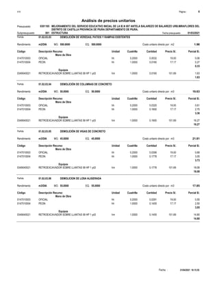 Página :
S10 6
0301165
Presupuesto MEJORAMIENTO DEL SERVICIO EDUCATIVO INICIAL DE LA IE.N 007 ANTELA BALAREZO DE BALAREZO URB.MIRAFLORES DEL
DISTRITO DE CASTILLA PROVINCIA DE PIURA DEPARTAMENTO DE PIURA.
Análisis de precios unitarios
Fecha presupuesto 01/03/2021
001
Subpresupuesto ESTRUCTURA
Partida 01.02.03.03 DEMOLICIÓN DE VEREDAS, PATIOS Y RAMPAS EXISTENTES
m2/DIA 500.0000
Rendimiento Costo unitario directo por : m2 1.96
500.0000
EQ.
MO.
Unidad Cuadrilla Cantidad Precio S/.
Código Descripción Recurso Parcial S/.
Mano de Obra
hh
0147010003 0.2000 0.0032 0.06
19.00
OFICIAL
hh
0147010004 1.0000 0.0160 0.27
17.17
PEON
0.33
Equipos
hm
0349040021 1.0000 0.0160 1.63
101.69
RETROEXCAVADOR SOBRE LLANTAS 58 HP 1 yd3
1.63
Partida 01.02.03.04 DEMOLICIÓN DE COLUMNAS DE CONCRETO
m3/DIA 50.0000
Rendimiento Costo unitario directo por : m3 19.63
50.0000
EQ.
MO.
Unidad Cuadrilla Cantidad Precio S/.
Código Descripción Recurso Parcial S/.
Mano de Obra
hh
0147010003 0.2000 0.0320 0.61
19.00
OFICIAL
hh
0147010004 1.0000 0.1600 2.75
17.17
PEON
3.36
Equipos
hm
0349040021 1.0000 0.1600 16.27
101.69
RETROEXCAVADOR SOBRE LLANTAS 58 HP 1 yd3
16.27
Partida 01.02.03.05 DEMOLICIÓN DE VIGAS DE CONCRETO
m3/DIA 45.0000
Rendimiento Costo unitario directo por : m3 21.81
45.0000
EQ.
MO.
Unidad Cuadrilla Cantidad Precio S/.
Código Descripción Recurso Parcial S/.
Mano de Obra
hh
0147010003 0.2000 0.0356 0.68
19.00
OFICIAL
hh
0147010004 1.0000 0.1778 3.05
17.17
PEON
3.73
Equipos
hm
0349040021 1.0000 0.1778 18.08
101.69
RETROEXCAVADOR SOBRE LLANTAS 58 HP 1 yd3
18.08
Partida 01.02.03.06 DEMOLICION DE LOSA ALIGERADA
m3/DIA 55.0000
Rendimiento Costo unitario directo por : m3 17.85
55.0000
EQ.
MO.
Unidad Cuadrilla Cantidad Precio S/.
Código Descripción Recurso Parcial S/.
Mano de Obra
hh
0147010003 0.2000 0.0291 0.55
19.00
OFICIAL
hh
0147010004 1.0000 0.1455 2.50
17.17
PEON
3.05
Equipos
hm
0349040021 1.0000 0.1455 14.80
101.69
RETROEXCAVADOR SOBRE LLANTAS 58 HP 1 yd3
14.80
21/04/2021 18:15:55
Fecha :
 
