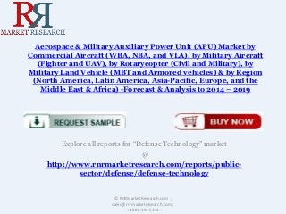 Aerospace & Military Auxiliary Power Unit (APU) Market by
Commercial Aircraft (WBA, NBA, and VLA), by Military Aircraft
(Fighter and UAV), by Rotarycopter (Civil and Military), by
Military Land Vehicle (MBT and Armored vehicles) & by Region
(North America, Latin America, Asia-Pacific, Europe, and the
Middle East & Africa) -Forecast & Analysis to 2014 – 2019
Explore all reports for “Defense Technology” market
@
http://www.rnrmarketresearch.com/reports/public-
sector/defense/defense-technology
© RnRMarketResearch.com ;
sales@rnrmarketresearch.com ;
+1 888 391 5441
 
