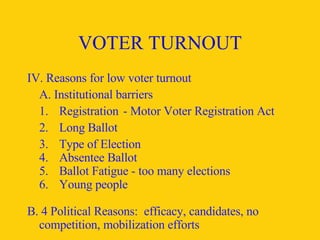 VOTER TURNOUT IV. Reasons for low voter turnout A. Institutional barriers  1. Registration - Motor Voter Registration Act 2. Long Ballot 3. Type of Election 4. Absentee Ballot  5.  Ballot Fatigue - too many elections  6.  Young people B. 4 Political Reasons:  efficacy, candidates, no competition, mobilization efforts 