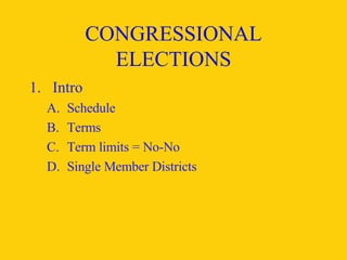 CONGRESSIONAL ELECTIONS Intro Schedule Terms Term limits = No-No Single Member Districts  