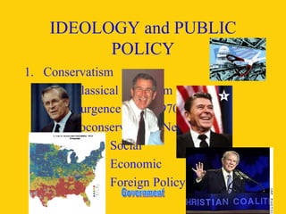 IDEOLOGY and PUBLIC POLICY Conservatism A.  = Classical liberalism B.  Resurgence since 1970s C.  Neoconservatives/ New Right 1. Social 2. Economic 3. Foreign Policy Government 