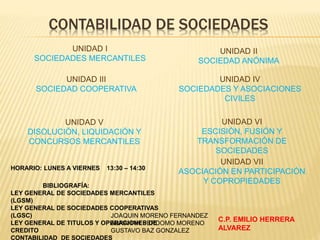 CONTABILIDAD DE SOCIEDADES
UNIDAD I
SOCIEDADES MERCANTILES
UNIDAD II
SOCIEDAD ANÓNIMA
UNIDAD III
SOCIEDAD COOPERATIVA
UNIDAD IV
SOCIEDADES Y ASOCIACIONES
CIVILES
UNIDAD V
DISOLUCIÓN, LIQUIDACIÓN Y
CONCURSOS MERCANTILES
HORARIO: LUNES A VIERNES 13:30 – 14:30
C.P. EMILIO HERRERA
ALVAREZ
BIBLIOGRAFÍA:
LEY GENERAL DE SOCIEDADES MERCANTILES
(LGSM)
LEY GENERAL DE SOCIEDADES COOPERATIVAS
(LGSC)
LEY GENERAL DE TITULOS Y OPERACIONES DE
CREDITO
CONTABILIDAD DE SOCIEDADES
UNIDAD VI
ESCISIÓN, FUSIÓN Y
TRANSFORMACIÓN DE
SOCIEDADES
UNIDAD VII
ASOCIACIÓN EN PARTICIPACIÓN
Y COPROPIEDADES
JOAQUIN MORENO FERNANDEZ
ABRAHAN PERDOMO MORENO
GUSTAVO BAZ GONZALEZ
 
