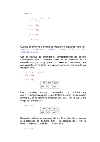 main()
    {
        int x = 1, y = 2;
        int *ap;

         ap = &x;

         y = *ap;

         x = ap;

         *ap = 3;
    }

Cuando se compile el código se mostrará el siguiente mensaje:
warning: assignment         makes    integer     from    pointer
without a cast.

Con el objetivo de entender el comportamiento del código
supongamos que la variable x esta en la localidad de la
memoria 100, y en 200 y ap en 1000. Nota: un apuntador es
una variable, por lo tanto, sus valores necesitan ser guardados
en algún lado.

    int x = 1, y = 2;
    int *ap;

    ap = &x;
                     100   200    1000
                    x 1    y 2   ap 100

Las     variables x e y son    declaradas      e     inicializadas
con 1 y 2 respectivamente, ap es declarado como un apuntador
a entero y se le asigna la dirección de x (&x). Por lo que ap se
carga con el valor 100.

    y = *ap;
                     100   200    1000
                    x 1    y 1   ap 100

Después y obtiene el contenido de ap. En el ejemplo ap apunta
a la localidad de memoria 100 -- la localidad de x. Por lo
tanto, y obtiene el valor de x -- el cual es 1.

    x = ap;
 