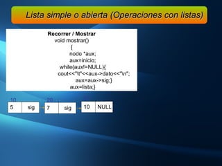 Recorrer / Mostrar void mostrar() { nodo *aux; aux=inicio; while(aux!=NULL){ cout<<"\t"<<aux->dato<<"\n"; aux=aux->sig;} aux=lista;} Lista simple o abierta (Operaciones con listas) 5  sig 10  7  sig 20  10  NULL 50  
