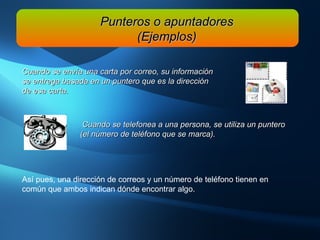 Cuando se telefonea a una persona, se utiliza un puntero (el número de teléfono que se marca).  Punteros o apuntadores (Ejemplos) Cuando se envía una carta por correo, su información se entrega basada en un puntero que es la dirección de esa carta. Así   pues, una dirección de correos y un número de teléfono tienen en común que ambos indican dónde encontrar algo. 