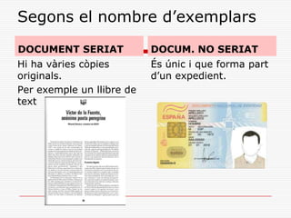 Segons el nombre d’exemplars
DOCUMENT SERIAT
Hi ha vàries còpies
originals.
Per exemple un llibre de
text
DOCUM. NO SERIAT
És únic i que forma part
d’un expedient.
 