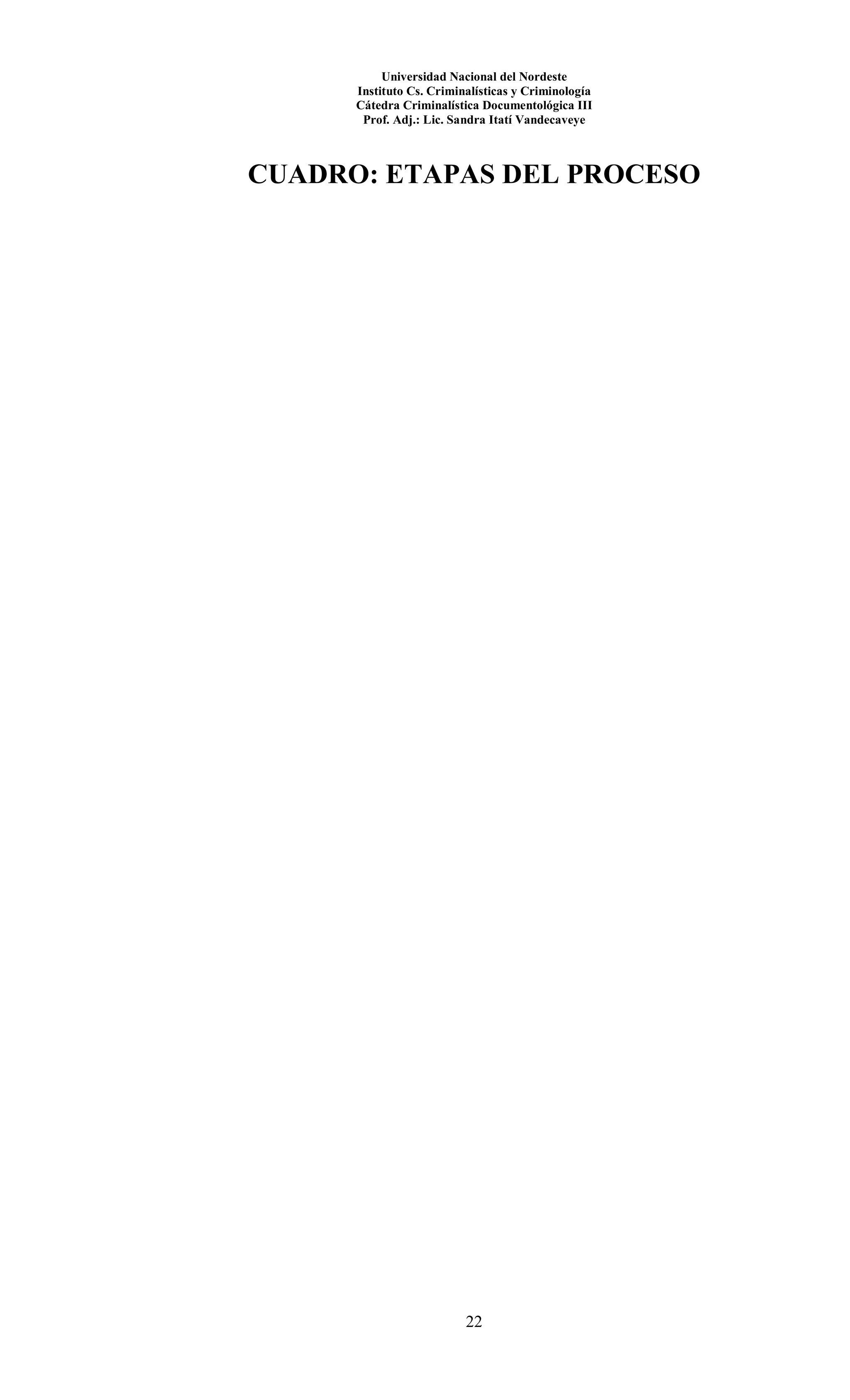 Universidad Nacional del Nordeste
Instituto Cs. Criminalísticas y Criminología
Cátedra Criminalística Documentológica III
Prof. Adj.: Lic. Sandra Itatí Vandecaveye
22
CUADRO: ETAPAS DEL PROCESO
 
