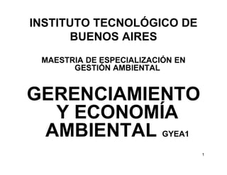 1
INSTITUTO TECNOLÓGICO DE
BUENOS AIRES
MAESTRIA DE ESPECIALIZACIÓN EN
GESTIÓN AMBIENTAL
GERENCIAMIENTO
Y ECONOMÍA
AMBIENTAL GYEA1
 
