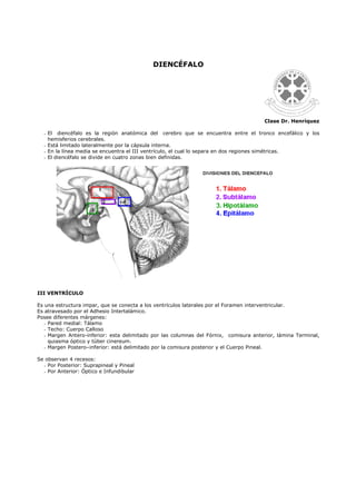 DIENCÉFALO




                                                                                      Clase Dr. Henríquez

    El diencéfalo es la región anatómica del cerebro que se encuentra entre el tronco encefálico y los
    hemisferios cerebrales.
    Está limitado lateralmente por la cápsula interna.
    En la línea media se encuentra el III ventrículo, el cual lo separa en dos regiones simétricas.
    El diencéfalo se divide en cuatro zonas bien definidas.




III VENTRÍCULO

Es una estructura impar, que se conecta a los ventrículos laterales por el Foramen interventricular.
Es atravesado por el Adhesio Intertalámico.
Posee diferentes márgenes:
    Pared medial: Tálamo
    Techo: Cuerpo Calloso
    Margen Antero-inferior: esta delimitado por las columnas del Fórnix, comisura anterior, lámina Terminal,
    quiasma óptico y túber cinereum.
    Margen Postero–inferior: está delimitado por la comisura posterior y el Cuerpo Pineal.

Se observan 4 recesos:
    Por Posterior: Suprapineal y Pineal
    Por Anterior: Óptico e Infundibular
 