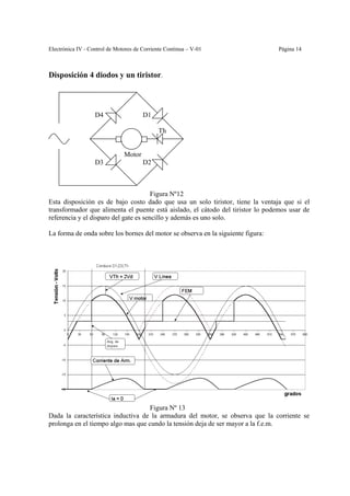 Electrónica IV - Control de Motores de Corriente Continua – V-01                 Página 14



Disposición 4 diodos y un tiristor.



                   D4                  D1

                                             Th


                               Motor
                   D3                  D2



                                       Figura Nº12
Esta disposición es de bajo costo dado que usa un solo tiristor, tiene la ventaja que si el
transformador que alimenta el puente está aislado, el cátodo del tiristor lo podemos usar de
referencia y el disparo del gate es sencillo y además es uno solo.

La forma de onda sobre los bornes del motor se observa en la siguiente figura:




                                    Figura Nº 13
Dada la característica inductiva de la armadura del motor, se observa que la corriente se
prolonga en el tiempo algo mas que cundo la tensión deja de ser mayor a la f.e.m.
 