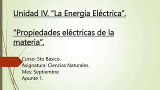 Unidad IV. “La Energía Eléctrica”.
“Propiedades eléctricas de la
materia”.
Curso: 5to Básico.
Asignatura: Ciencias Naturales.
Mes: Septiembre
Apunte 1.
 