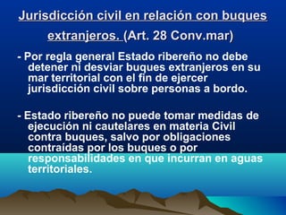 Jurisdicción civil en relación con buquesJurisdicción civil en relación con buques
extranjeros.extranjeros. (Art. 28 Conv.mar)(Art. 28 Conv.mar)
- Por regla general Estado ribereño no debe
detener ni desviar buques extranjeros en su
mar territorial con el fin de ejercer
jurisdicción civil sobre personas a bordo.
- Estado ribereño no puede tomar medidas de
ejecución ni cautelares en materia Civil
contra buques, salvo por obligaciones
contraídas por los buques o por
responsabilidades en que incurran en aguas
territoriales.
 