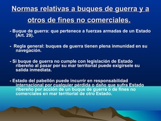 Normas relativas a buques de guerra y aNormas relativas a buques de guerra y a
otros de fines no comerciales.otros de fines no comerciales.
- Buque de guerra: que pertenece a fuerzas armadas de un Estado
(Art. 29).
- Regla general: buques de guerra tienen plena inmunidad en su
navegación.
- Si buque de guerra no cumple con legislación de Estado
ribereño al pasar por su mar territorial puede exigírsele su
salida inmediata.
- Estado del pabellón puede incurrir en responsabilidad
internacional por cualquier pérdida o daño que sufra Estado
ribereño por acción de un buque de guerra o de fines no
comerciales en mar territorial de otro Estado.
 