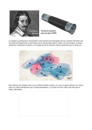 La imagen a continuación corresponde a una muestra de un hisopado cérvico-vaginal coloreado con
la tinción de Papanicolau y observada con un microscopio óptico común. En esta imagen, se puede
identificar claramente el núcleo y el citoplasma de las distintas células epiteliales que se observan.
Para obtener una imagen como esta, el objeto (células, tejidos, etc.) que se quiere observar se coloca
sobre un vidrio transparente que se llama portaobjeto, y se cubre con otro vidrio más fino que se
llama cubreobjeto.
 