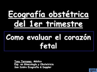 Ecografía obstétrica
del 1er trimestre
Como evaluar el corazón
fetal
Tony Terrones, Médico
Esp. en Ginecología y Obstetricia
San Isidro Ecografía & Doppler
 