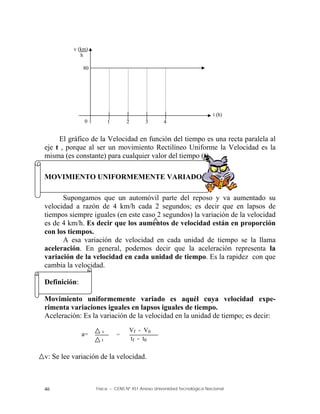 Física – CENS Nº 451 Anexo Universidad Tecnológica Nacional
46
El gráfico de la Velocidad en función del tiempo es una recta paralela al
eje t , porque al ser un movimiento Rectilíneo Uniforme la Velocidad es la
misma (es constante) para cualquier valor del tiempo (t).
MOVIMIENTO UNIFORMEMENTE VARIADO
Supongamos que un automóvil parte del reposo y va aumentado su
velocidad a razón de 4 km/h cada 2 segundos; es decir que en lapsos de
tiempos siempre iguales (en este caso 2 segundos) la variación de la velocidad
es de 4 km/h. Es decir que los aumentos de velocidad están en proporción
con los tiempos.
A esa variación de velocidad en cada unidad de tiempo se la llama
aceleración. En general, podemos decir que la aceleración representa la
variación de la velocidad en cada unidad de tiempo. Es la rapidez con que
cambia la velocidad.
Definición:
Movimiento uniformemente variado es aquél cuya velocidad expe-
rimenta variaciones iguales en lapsos iguales de tiempo.
Aceleración: Es la variación de la velocidad en la unidad de tiempo; es decir:
a= =
v: Se lee variación de la velocidad.
1 2 3 4
0
80
t (h)
v (km)
h
Vf - V0
tf - t0
v
t
=
 