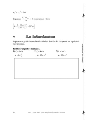 Física – CENS Nº 451 Anexo Universidad Tecnológica Nacional
70
d
a
v
v inic
f .
2
2
2


despejando ,
.
2
2
2
d
a
v
v inic
f


reemplazando valores









 m
s
m
s
m
d 7
,
66
2
).
/
3
(
)
/
20
(
0
2
2
5)
Representar gráficamente la velocidad en función del tiempo en los siguientes
movimientos.
Justificar el gráfico realizado.
1) s
m
Vi /
3
 2) s
m
Vi /
4
 3) s
m
Vi /
5

2
5
,
0
s
m
a  2
/
5
,
0 s
m
a  2
/
5
,
0 s
m
a 
Corte
por
la
línea
de
puntos
y
envíe



 