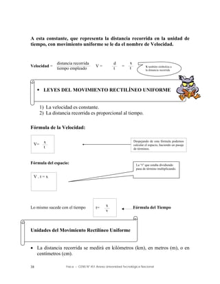 Física – CENS Nº 451 Anexo Universidad Tecnológica Nacional
38
A esta constante, que representa la distancia recorrida en la unidad de
tiempo, con movimiento uniforme se le da el nombre de Velocidad.
Velocidad = V = = =
 LEYES DEL MOVIMIENTO RECTILÍNEO UNIFORME
1) La velocidad es constante.
2) La distancia recorrida es proporcional al tiempo.
Fórmula de la Velocidad:
Fórmula del espacio:
Lo mismo sucede con el tiempo Fórmula del Tiempo
Unidades del Movimiento Rectilíneo Uniforme
 La distancia recorrida se medirá en kilómetros (km), en metros (m), o en
centímetros (cm).
t=
x
v
distancia recorrida
tiempo empleado
d
t
x
t X también simboliza a
la distancia recorrida
V . t = x
La “t” que estaba dividiendo
pasa de término multiplicando.
V=
x
t
Despejando de esta fórmula podemos
calcular el espacio, haciendo un pasaje
de términos.
 