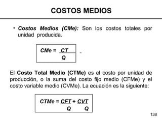 138
• Costos Medios (CMe): Son los costos totales por
unidad producida.
CMe = CT
Q
El Costo Total Medio (CTMe) es el costo por unidad de
producción, o la suma del costo fijo medio (CFMe) y el
costo variable medio (CVMe). La ecuación es la siguiente:
CTMe = CFT + CVT
Q Q
COSTOS MEDIOS
 