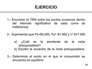 64
EJERCICIO
1.- Encontrar la TMS entre los puntos sucesivos dentro
del intervalo significativo de cada curva de
indiferencia.
2.- Suponiendo que Px=$2.000, Py= $1.000 y I= $17.000
a) ¿Cuál es la pendiente de la recta
presupuestaria?
b) Escribir la ecuación de la recta presupuestaria.
3.- Determinar el punto en el que el consumidor se
encuentra en equilibrio
 