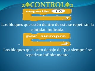 Los bloques que estén dentro de este se repetirán la
cantidad indicada.
Los bloques que estén debajo de “por siempre” se
repetirán infinitamente.
 