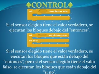 Si el sensor elegido tiene el valor verdadero, se
ejecutan los bloques debajo del “entonces”.
Si el sensor elegido tiene el valor verdadero, se
ejecutan los bloques que están debajo del
“entonces”, pero si el sensor elegido tiene el valor
falso, se ejecutan los bloques que están debajo del
“si no”.
 
