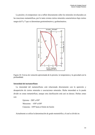 Cátedra de Geología General
Guía de Trabajos Prácticos

La presión y la temperatura van a influir directamente sobre los minerales involucrados en
las reacciones metamórficas, por lo tanto existen ciertos minerales característicos bajo ciertos
rangos de P y T que se denominan geotermómetros y geobarómetros.

Figura 24. Curvas de variación aproximada de la presión, la temperatura y la gravedad con la
profundidad.
Intensidad del metamorfismo
La intensidad del metamorfismo está relacionada directamente con la aparición y
desaparición de ciertos minerales o asociaciones minerales. Dicha intensidad se la puede
dividir en zonas metamórficas, aunque esta clasificación está casi en desuso. Dichas zonas
son:
Epizona – 200º a 450º
Mesozona – 450º a 650º
Catazona – 650º hasta el límite de fusión

Actualmente se utiliza la denominación de grado metamórfico, el cual se divide en:

64

 