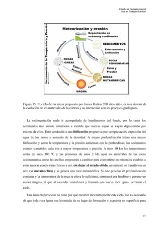 Cátedra de Geología General
Guía de Trabajos Prácticos

Figura 15. El ciclo de las rocas propuesto por James Hutton 200 años atrás, es una síntesis de
la evolución de los materiales de la corteza y su interacción con los procesos geológicos.

La sedimentación suele ir acompañada de hundimiento del fondo, por lo tanto los
sedimentos irán siendo enterrados a medida que nuevas capas se vayan depositando por
encima de ellos. Esto conducirá a una litificación progresiva por compactación, expulsión del
agua de los poros y aumento de la densidad. A mayor profundización habrá una mayor
litificación y como la temperatura y la presión aumentan con la profundidad, los sedimentos
estarán sometidos cada vez a mayor temperatura y presión. A unos 10 km las temperaturas
serán de unos 300 ºC y las presiones de unos 3 kb, aquí los minerales de las rocas
sedimentarias como las arcillas empezarán a cambiar para convertirse en minerales estables a
estas nuevas condiciones físicas y así, sin dejar el estado sólido, un mineral se transforma en
otro (se metamorfiza) y se genera una roca metamórfica. Si este proceso de profundización
continúa y la temperatura de la roca se eleva lo suficiente, terminará por fundirse y generar un
nuevo magma, el que al ascender cristalizará y formará una nueva roca ígnea, cerrando el
ciclo.
Una roca en particular no tiene por qué recorrer inevitablemente este ciclo. No es necesario
de que toda roca ígnea sea levantada de su lugar de formación y expuesta en superficie para

47

 