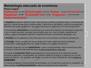 Metodología adecuada de enseñanza
Pasos a seguir:
Explicación     Demostración                               Ensayo      Corrección
Repetición      Evaluación final                            Progresión
Perfeccionamiento
1) Explicar el ejercicio: dónde se hace, cómo se hace, cuántos y quiénes lo hacen. La dinámica del
ejercicio: cuántas repeticiones o cuántas series. Cuánto tiempo de trabajo y cuánto de recuperación.
Establecer las reglas del ejercicio: “se juega a dos toques en esta zona, en la otra es toque libre”.

2) El entrenador demuestra los movimientos que componen el ejercicio, la intensidad de ejecución
y cómo hacerlo (más alto, más lejos, tipo de saltos, giros, etc; si es con balón: superficies de
contacto, potencia de golpeo, dirección y trayectoria del pase, movimientos del jugador, etc)

3 )Ensayo con los jugadores a ritmo lento para ver los movimientos y la dinámica del ejercicio.

4) Corregir todo lo que esté mal, desde la ejecución hasta el funcionamiento (intensidad,
concentración, aspectos técnicos, etc). Hacer hincapié en el objetivo del ejercicio.

5) Ejecutar el ejercicio con las repeticiones o series correspondientes. Hacer correcciones sobre
la marcha o al final de cada repetición/serie, lo más conveniente en cada caso.

6) Cuando la evaluación final (quizá después de varias sesiones) da la certeza de que las
acciones se ejecutaron correctamente (se cumplió el objetivo), se pasa a un ejercicio con un nivel
superior al anterior: más complejo, más rápido, en suma con mayor dificultad (se llama trabajar en
progresión).
7) Cuando se agotaron todas las fases de aprendizaje, con los ejercicios sucesivos en progresión, se
pasa a la fase de perfeccionamiento: mejorar el rendimiento de lo aprendido.
 