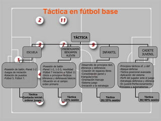 Táctica en fútbol base


                                                                 TÁCTICA


                                                      PREBENJAMIN
                                                                                                                             CADETE
                    ESCUELA                            BENJAMIN                           INFANTIL
                                                         ALEVIN                                                              JUVENIL


                                                                      -Desarrollo de principios táct.   -Principios tácticos of. y def
                                   -Posesión de balón
                                                                      ofensivos y defensivos            -Ataque-defensa
-Posesión de balón.-Pared 1-2      -Pared 1-2, 1-2-3, movilidad
                                                                      -Creación de espacios libres      -Táctica posicional avanzada
-Juegos de iniciación              -Fútbol 7 iniciación a fútbol 11
                                                                      -Consolidación pared y            -Aplicación del sistema
-Rotación de puestos               -Inicio a principios tácticos
                                                                      triangulaciones                   -Perfil del jugador ante el juego
-Fútbol 5. Fútbol 7.               ofensivos y defensivos básicos
                                                                      -Orientación marcaje              -Estrategia defensiva y ofensiva
                                   -Situación en el campo:
                                                                      -Sistema juego                    -En juvenil:Perfeccionamiento
                                   orden primario
                                                                      -Iniciación a la estrategia       Principios y automatismos


                    Táctica
                Contacto inicial:                         Táctica                           Táctica                           Táctica
                  ordenar juegos                        15% sesión                       20/25% sesión                     30/40% sesión
 