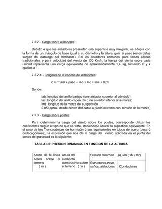 7.2.2.- Carga sobre aisladores: 
Debido a que los aisladores presentan una superficie muy irregular, se adopta con 
la forma de un triángulo de base igual a su diámetro y la altura igual al paso (estos datos 
surgen del catalogo del fabricante). En los aisladores comunes para líneas aéreas 
tradicionales y para velocidad del viento de 130 Km/h, la fuerza del viento sobre cada 
unidad representa una carga equivalente de aproximadamente 1,4 kg, tomando C y k 
iguales a 1. 
7.2.2.1.- Longitud de la cadena de aisladores: 
lc = nº aisl x paso + lab + lac + lms + 0,05 
Donde: 
lab: longitud del anillo badajo (une aislador superior al péndulo) 
lac: longitud del anillo caperuza (une aislador inferior a la morza) 
lms: longitud de la morza de suspensión 
0,05:(aprox. desde centro del cable a punto extremo con tensión de la morza) 
7.2.3.- Carga sobre postes: 
Para determinar la carga del viento sobre los postes, corresponde utilizar los 
coeficientes según el tipo de que se trate, debiéndose utilizar la superficie equivalente. En 
el caso de los Troncocónicos de hormigón ó sus equivalentes en tubos de acero (deca ó 
dodecagonales), la expresión que nos da la carga del viento aplicada en el punto del 
centro de gravedad es la siguiente: 
TABLA DE PRESION DINAMICA EN FUNCION DE LA ALTURA 
Altura de la línea 
aérea sobre el 
terreno 
( m ) 
Altura del 
elemento 
constructivo sobre 
el terreno ( m ) 
Presión dinámica (q) en ( kN / m²) 
Estructuras,trave-saños, 
aisladores Conductores 
 