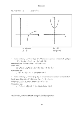 Funciones
67
b) f x x( ) ln( )= − 3 g x x( ) = +2
3
• Vamos a hallar f go . Como Ig Df⊄ , debemos considerar una restricción de g tal que:
( ) { }Ig Ig Df Dg IR* , *= ∩ = +∞ ⇒ = −3 0
Observemos que D f g Dg( *) *o = y I f g IR( *)o = .
Por lo tanto,
( )( *)( ) ( *( )) ln( ) lnf g x f g x f x x xo = = + = + − =2 2 2
3 3 3
Concluimos que:
{ } 2
ln)*)((/0:* xxgfIRIRgf =→− oo
• Vamos a hallar g fo . Como If Dg⊆ , no es necesario considerar una restricción de f.
Por lo tanto, ( )D g f Df( ) ,o = = +∞3 y [ )I g f Ig( ) ,o = = +∞3 .
Luego: ( )( )( ) ( ( )) ln( ) ln ( )g f x g f x g x xo = = − = − +3 3 32
.
Concluimos que:
( ) [ ) 3)3(ln))((/,3,3: 2
+−=+∞→+∞ xxfgfg oo
*Resolver los problemas 24 y 25 de la guía de trabajos prácticos.
( )Df
If IR
= +∞
=
3,
[ )
Dg IR
Ig
=
= +∞3,
 