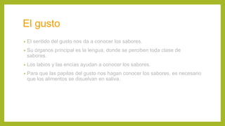 El gusto
• El sentido del gusto nos da a conocer los sabores.
• Su órganos principal es la lengua, donde se perciben toda clase de
sabores.
• Los labios y las encías ayudan a conocer los sabores.
• Para que las papilas del gusto nos hagan conocer los sabores, es necesario
que los alimentos se disuelvan en saliva.
 