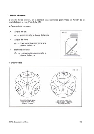 Criterios de diseño

El diseño de los triconos, en lo esencial sus parámetros geométricos, es función de las
propiedades de la roca (Figs. 3.4 y 3.5).

a) Geometría de los conos




b) Excentricidad




MI57E – Explotación de Minas                                                    114
 