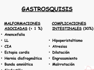 GASTROSQUISIS MALFORMACIONES ASOCIADAS  (< 1 %) Anencefalia LL CIA Ectopia cordis Hernia diafragmática Banda amniótica Sindactilia COMPLICACIONES INTESTINALES  (30%) Hipoperistaltismo Atresias Dilatación Engrosamiento Malrrotación 