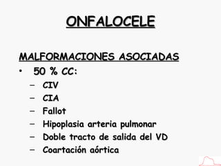 ONFALOCELE MALFORMACIONES ASOCIADAS 50 % CC: CIV CIA Fallot Hipoplasia arteria pulmonar Doble tracto de salida del VD Coartación aórtica 